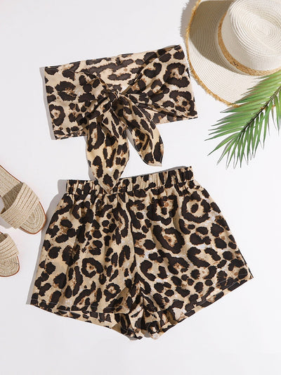 Tube Top with Front Tie and Leopard Print & Shorts Set