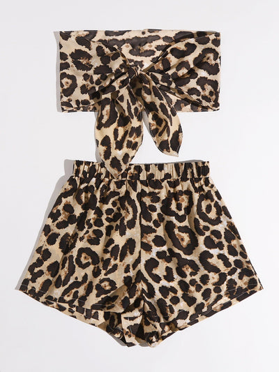 Tube Top with Front Tie and Leopard Print & Shorts Set