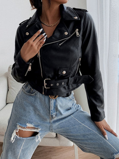 Leather jacket with notched collar, front zipper, and belt