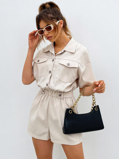 Shirt Romper with Front Button, Pocket Patches