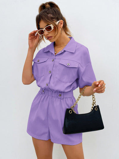 Shirt Romper with Front Button, Pocket Patches