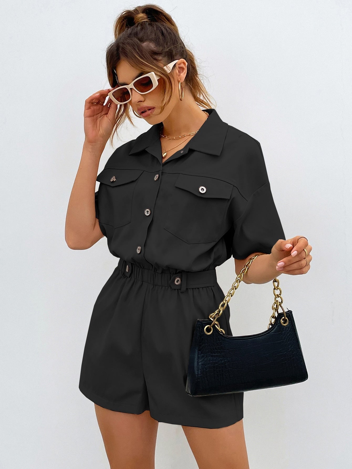 Shirt Romper with Front Button, Pocket Patches