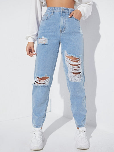 Mom Fit Jeans with Rips, High Waist