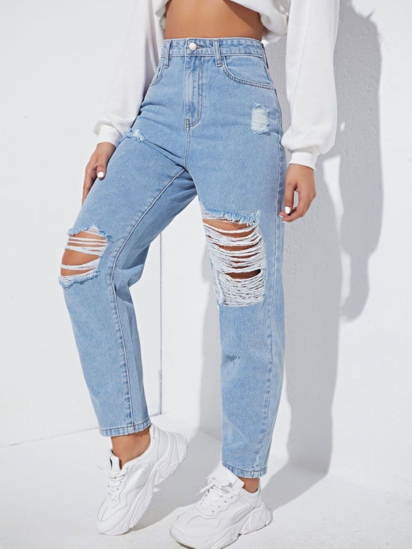 Mom Fit Jeans with Rips, High Waist