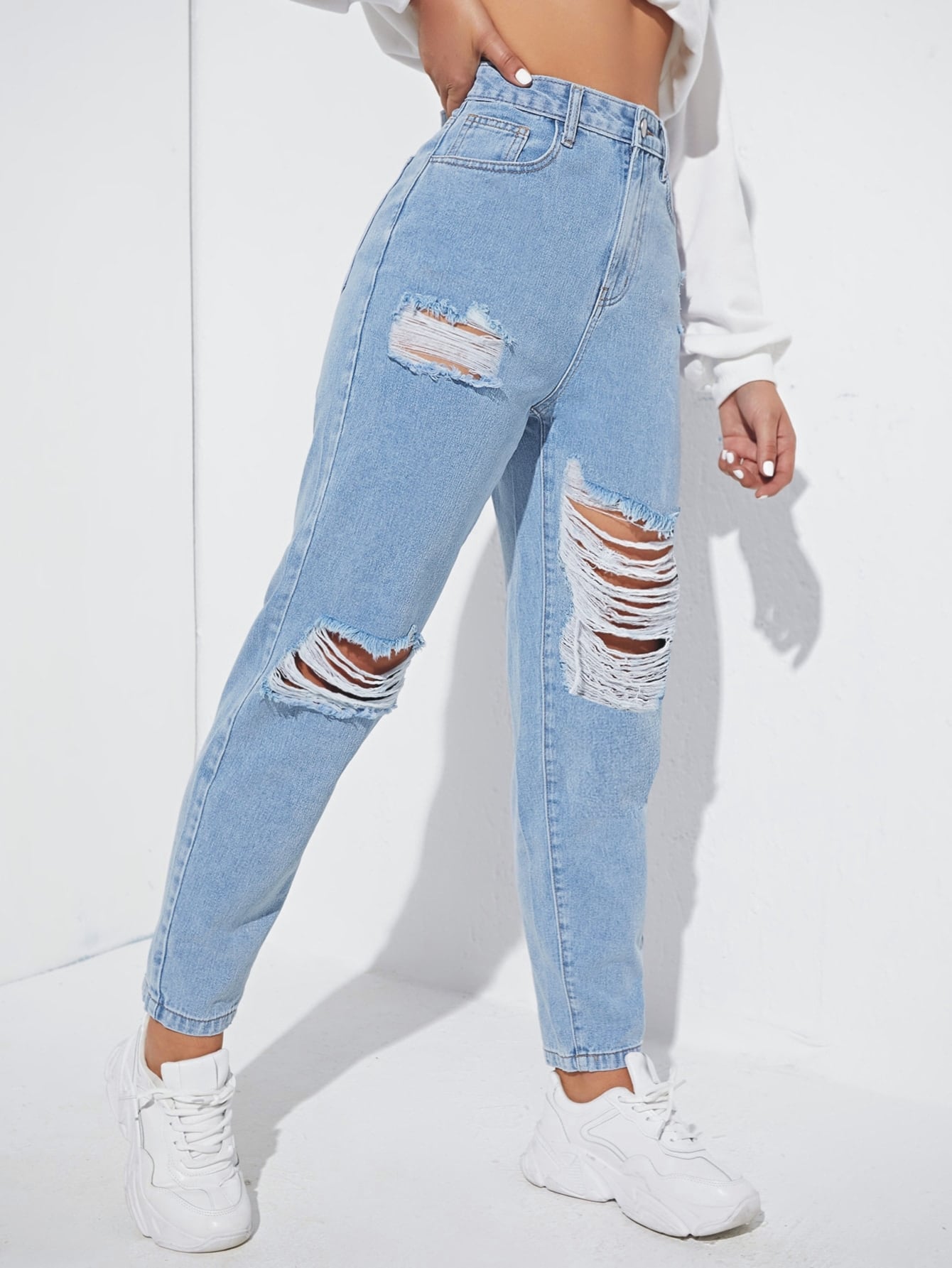 Mom Fit Jeans with Rips, High Waist