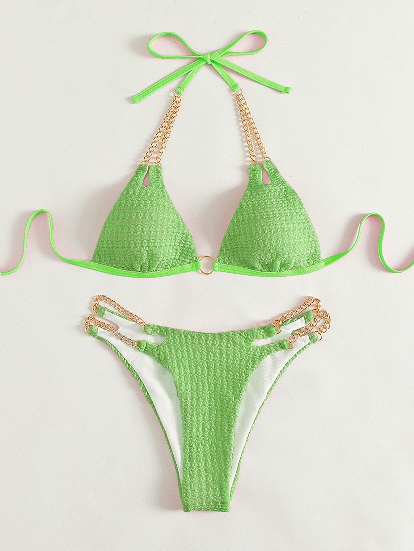 Triangle bikini with halter neck, chain,