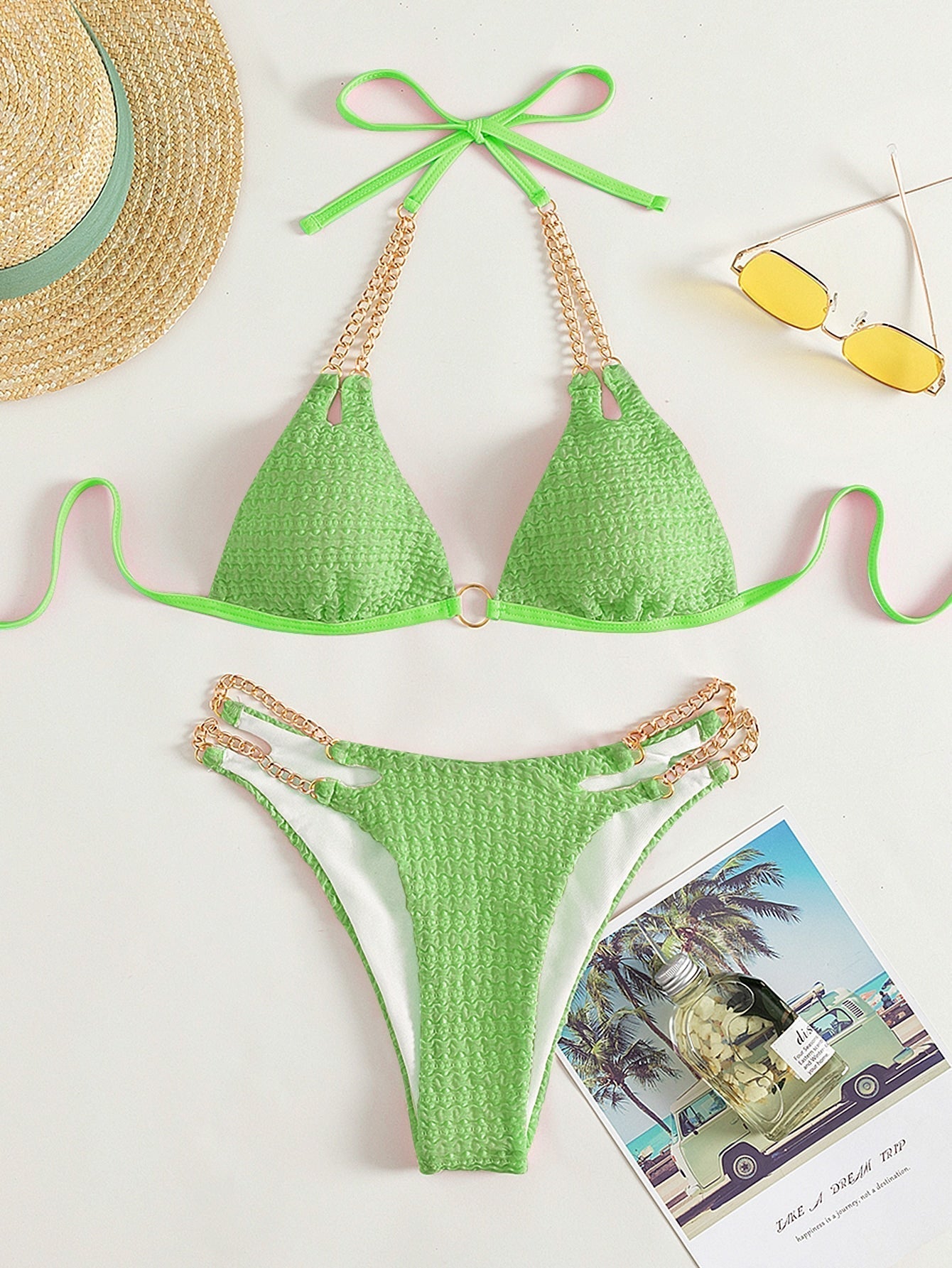 Triangle bikini with halter neck, chain,