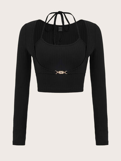 Crop T-Shirt with Ribbed Knit Chain, Front, Band at the Back