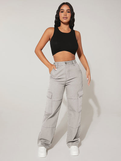 PETITE High-Waisted Cargo Jeans with Flap Pockets