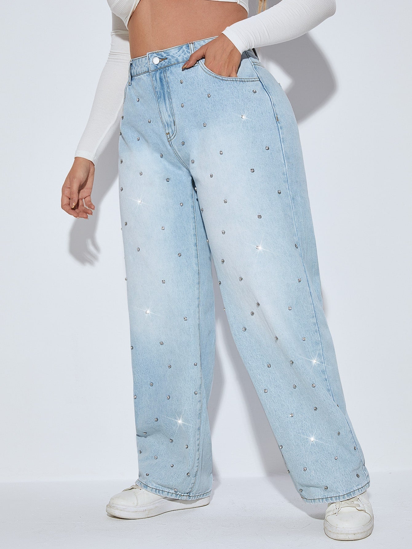 Trending Plussize Jeans mit geradem Beinschnitt, Strass Detail