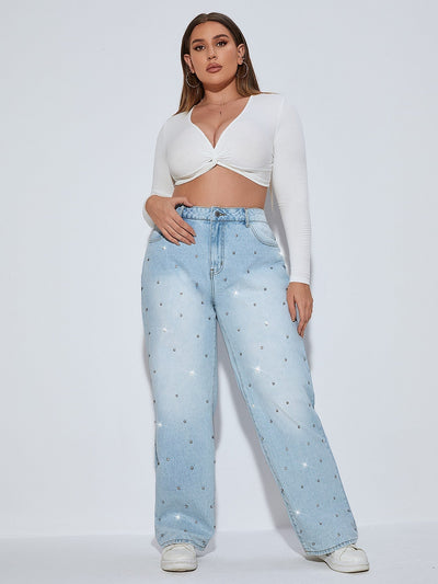 Trending Plussize Jeans mit geradem Beinschnitt, Strass Detail