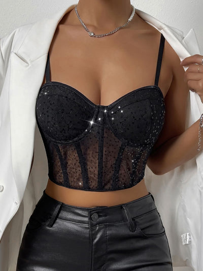 Crop Cami Top with Sequins, Mesh Full-Bust