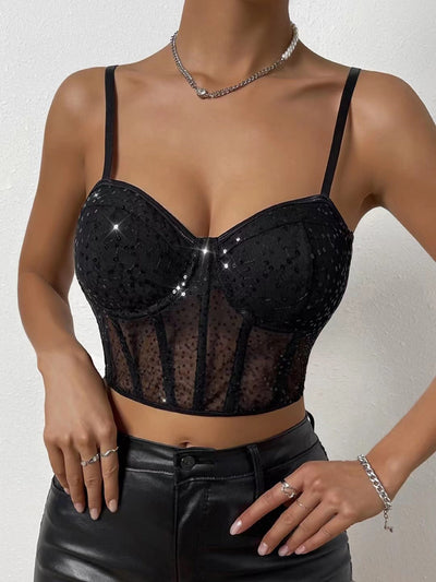 Crop Cami Top with Sequins, Mesh Full-Bust