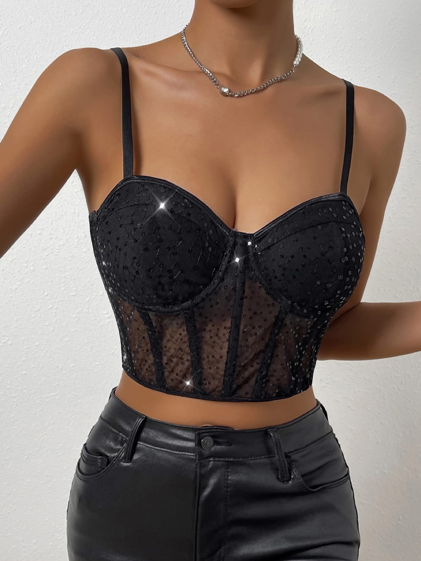 Crop Cami Top with Sequins, Mesh Full-Bust