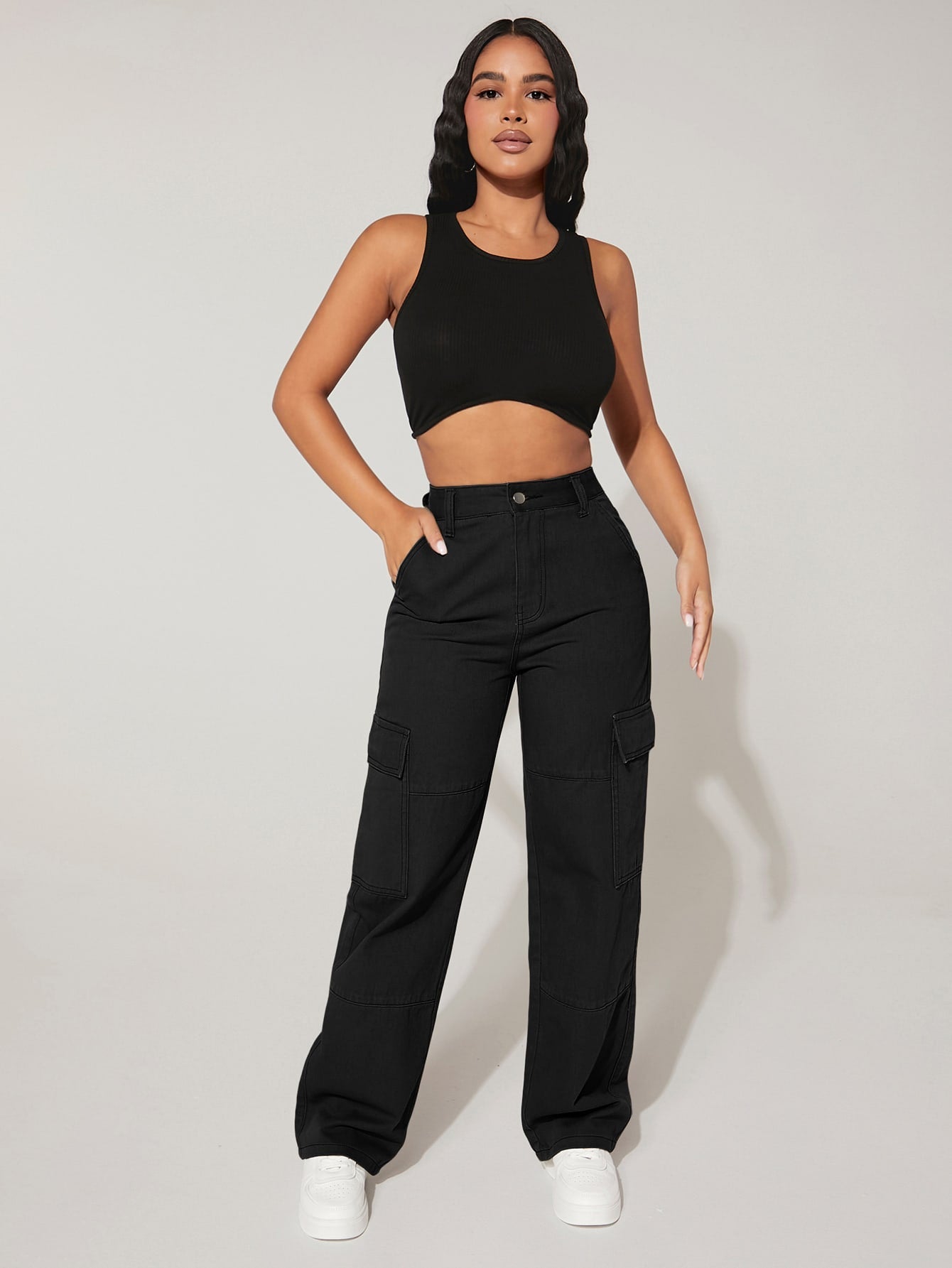 PETITE High-Waisted Cargo Jeans with Flap Pockets