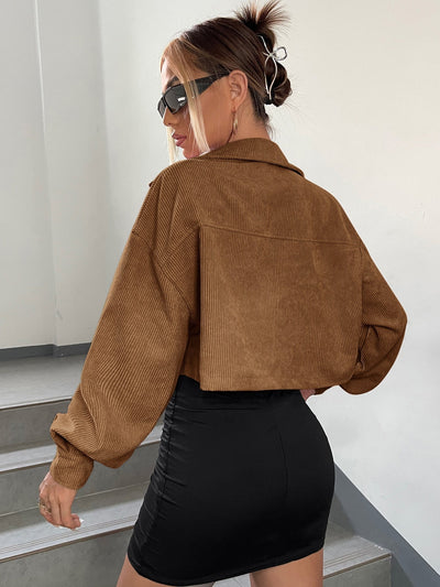 Jacket with Drop Shoulder Flap Detail, Cropped Corduroy