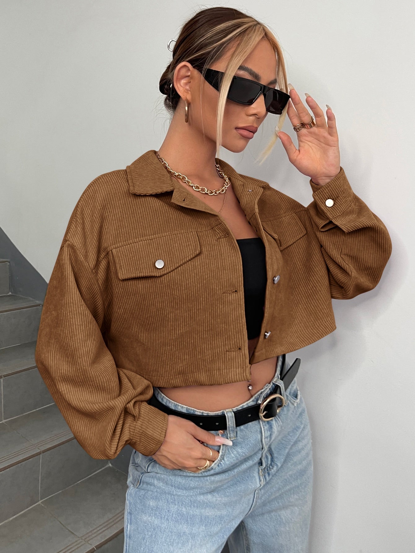 Jacket with Drop Shoulder Flap Detail, Cropped Corduroy