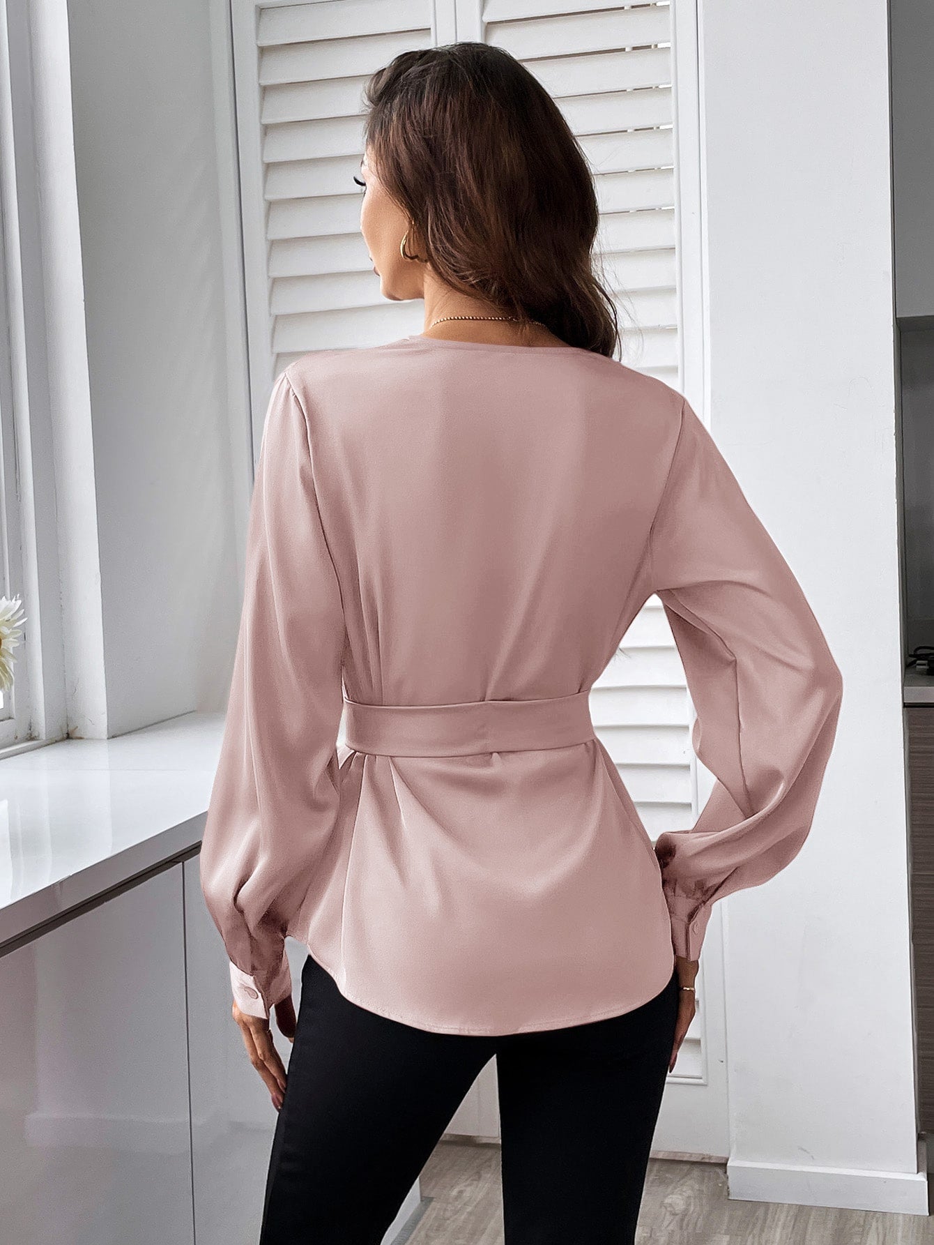 Blouse with belt, asymmetrical hem