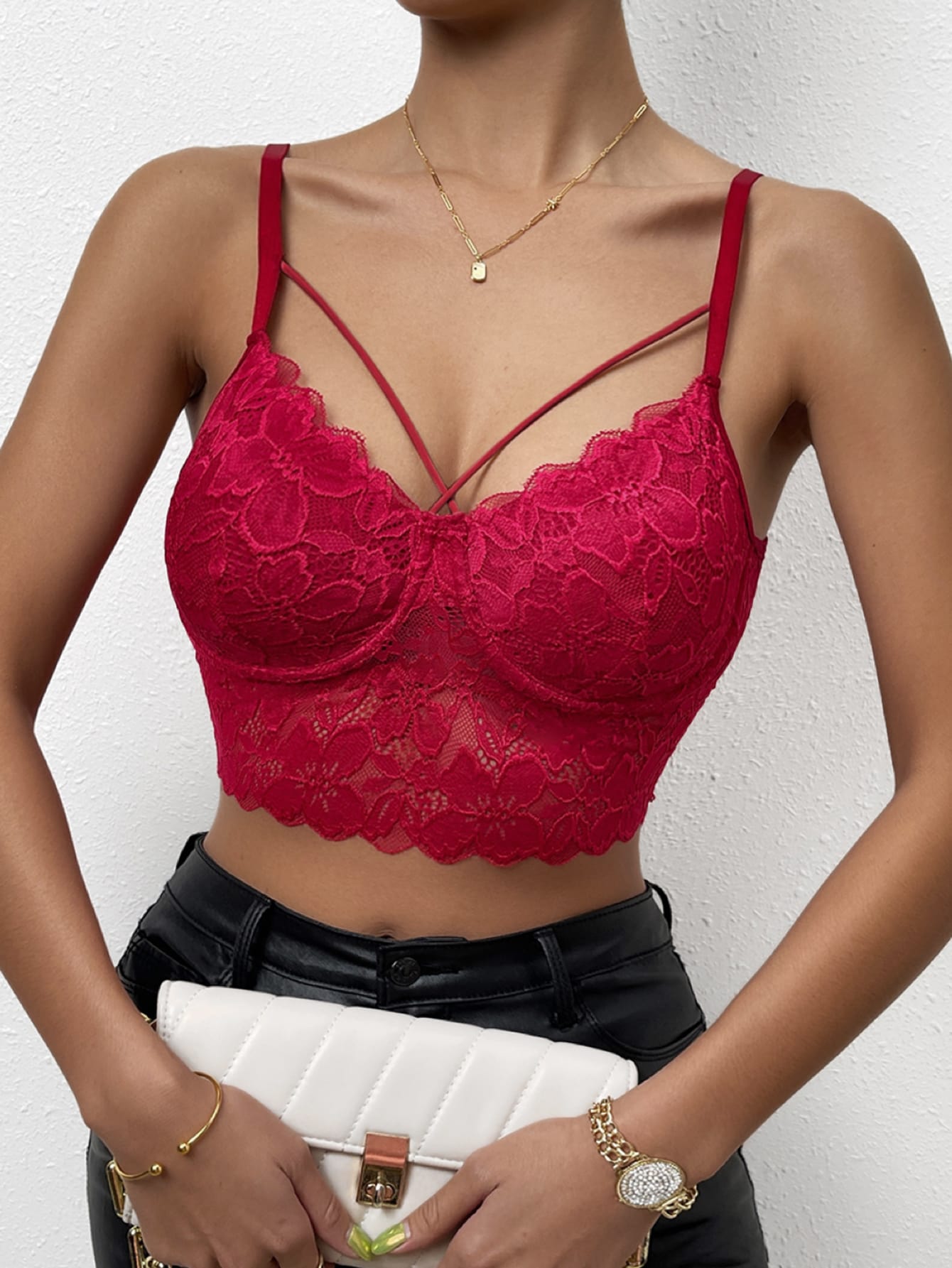 Crop Lace Cami Top with Cross Strap