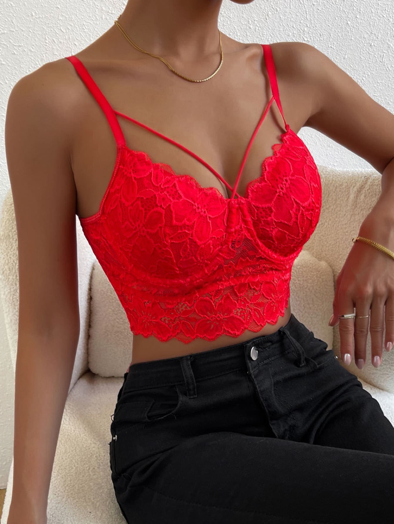 Crop Lace Cami Top with Cross Strap