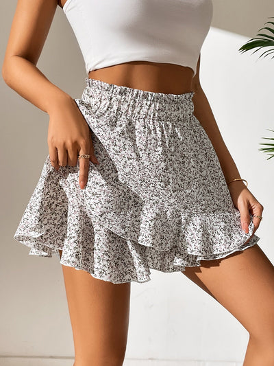 Skirt with Floral Pattern, Ruffles, Paper Bag Waist