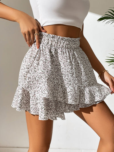 Skirt with Floral Pattern, Ruffles, Paper Bag Waist