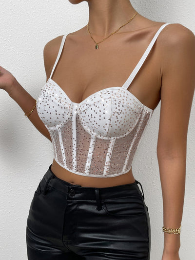 Crop Cami Top with Sequins, Mesh Full-Bust