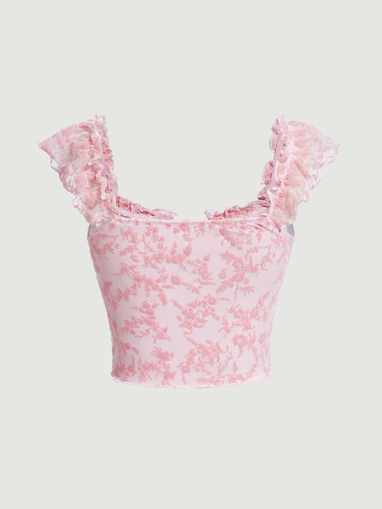 Crop T-Shirt with Flower Pattern, Ruffle Trim