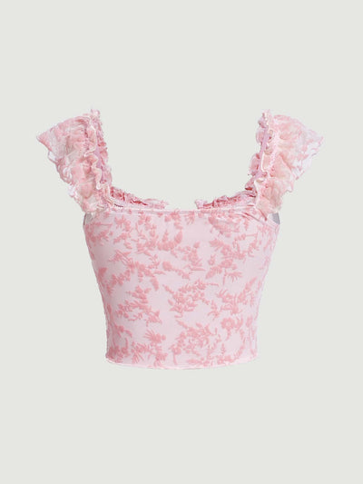 Crop T-Shirt with Flower Pattern, Ruffle Trim