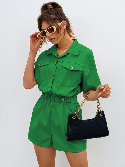 Shirt Romper with Front Button, Pocket Patches