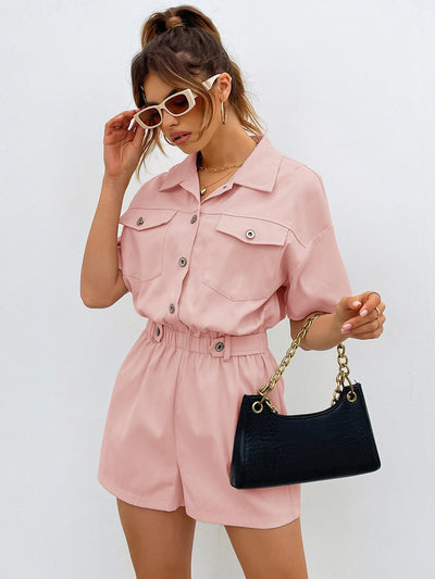 Shirt Romper with Front Button, Pocket Patches