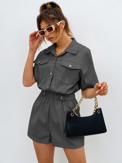 Shirt Romper with Front Button, Pocket Patches