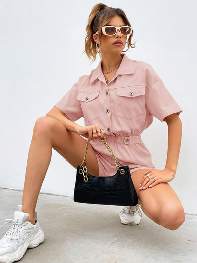 Shirt Romper with Front Button, Pocket Patches