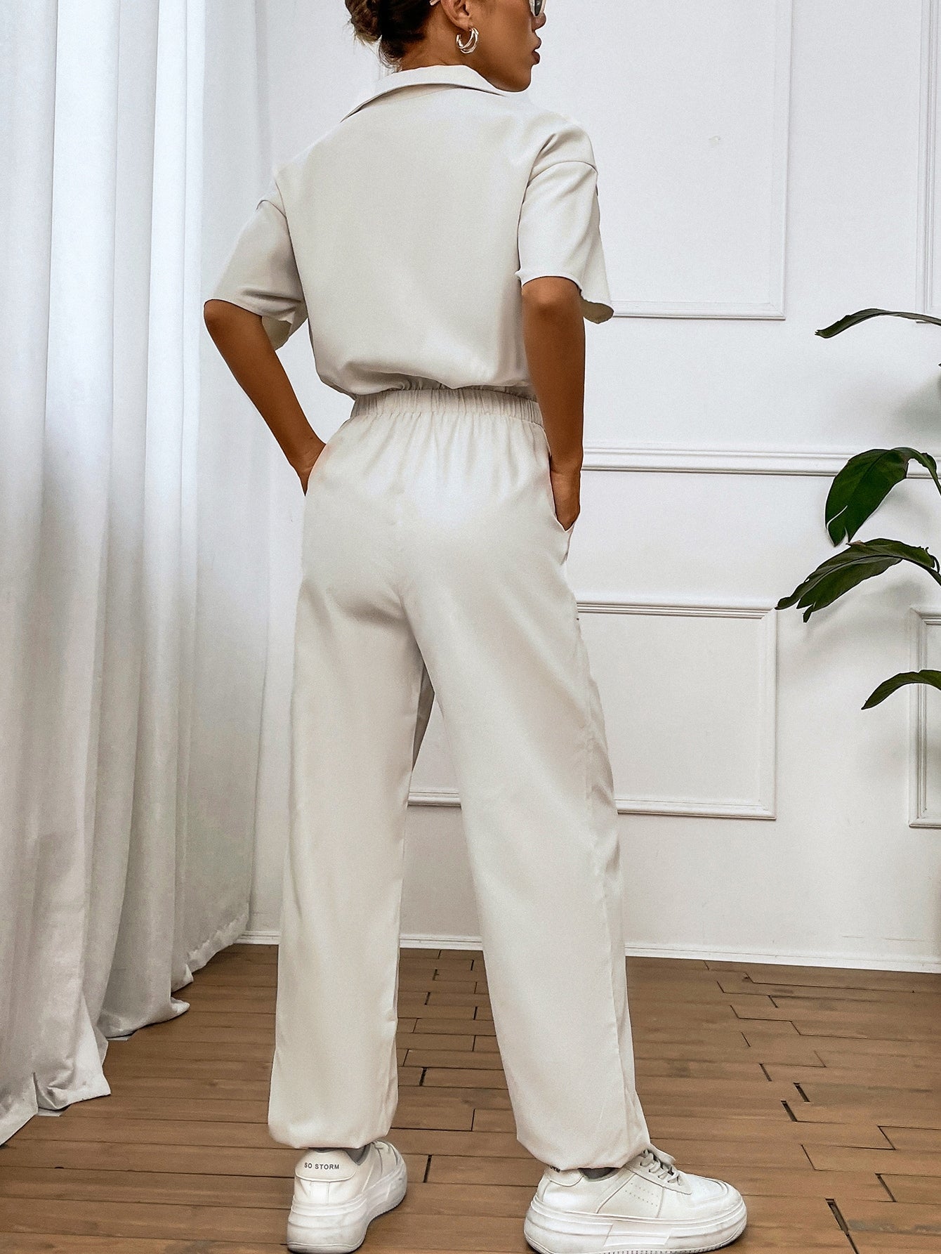 Shirt Jumpsuit with Flap Pocket, Drop Shoulder