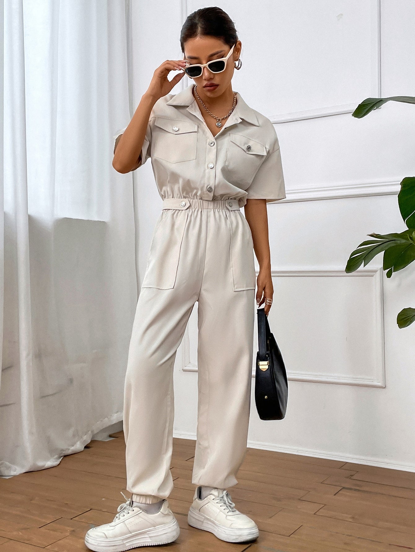 Shirt Jumpsuit with Flap Pocket, Drop Shoulder