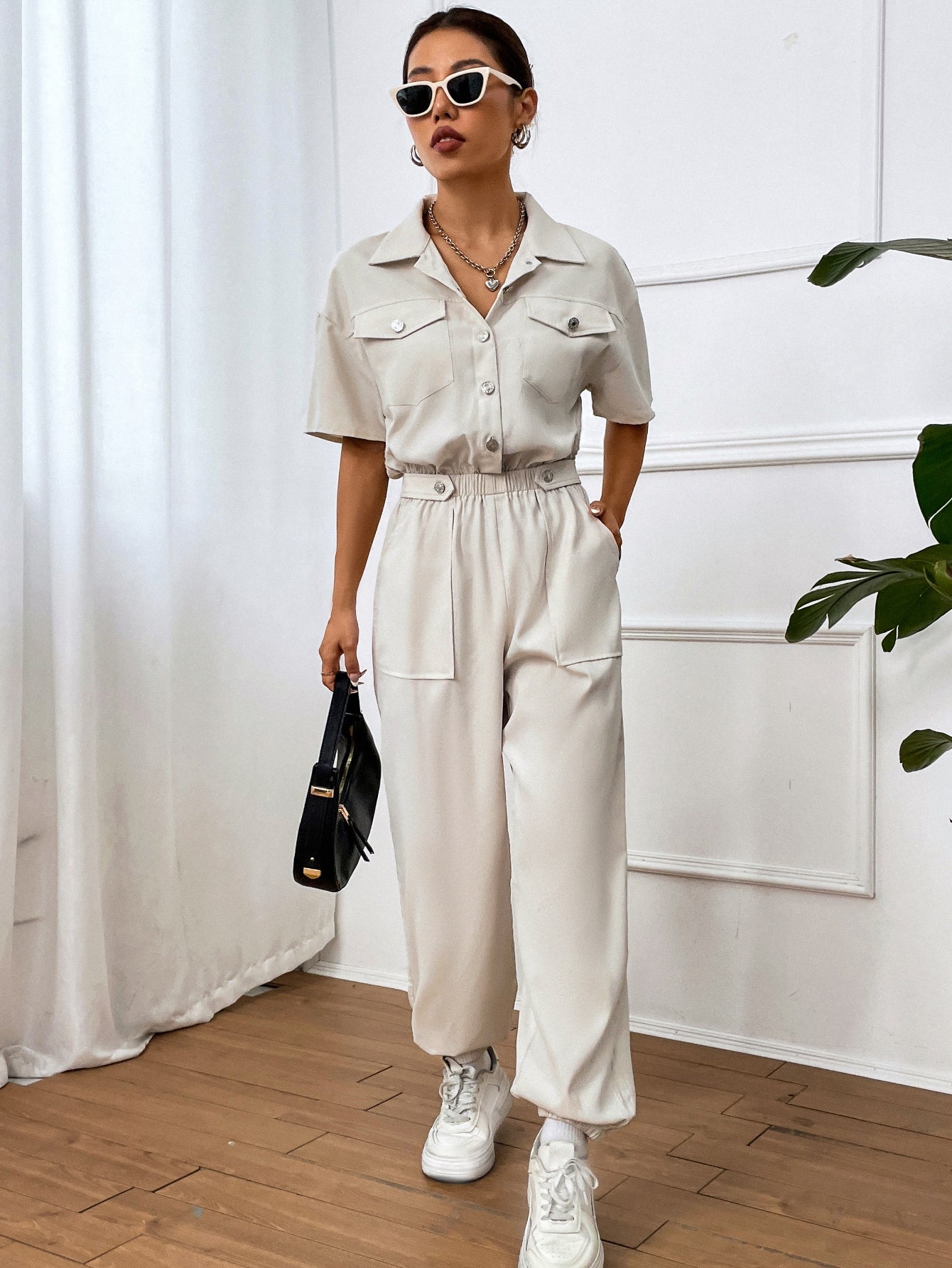 Shirt Jumpsuit with Flap Pocket, Drop Shoulder