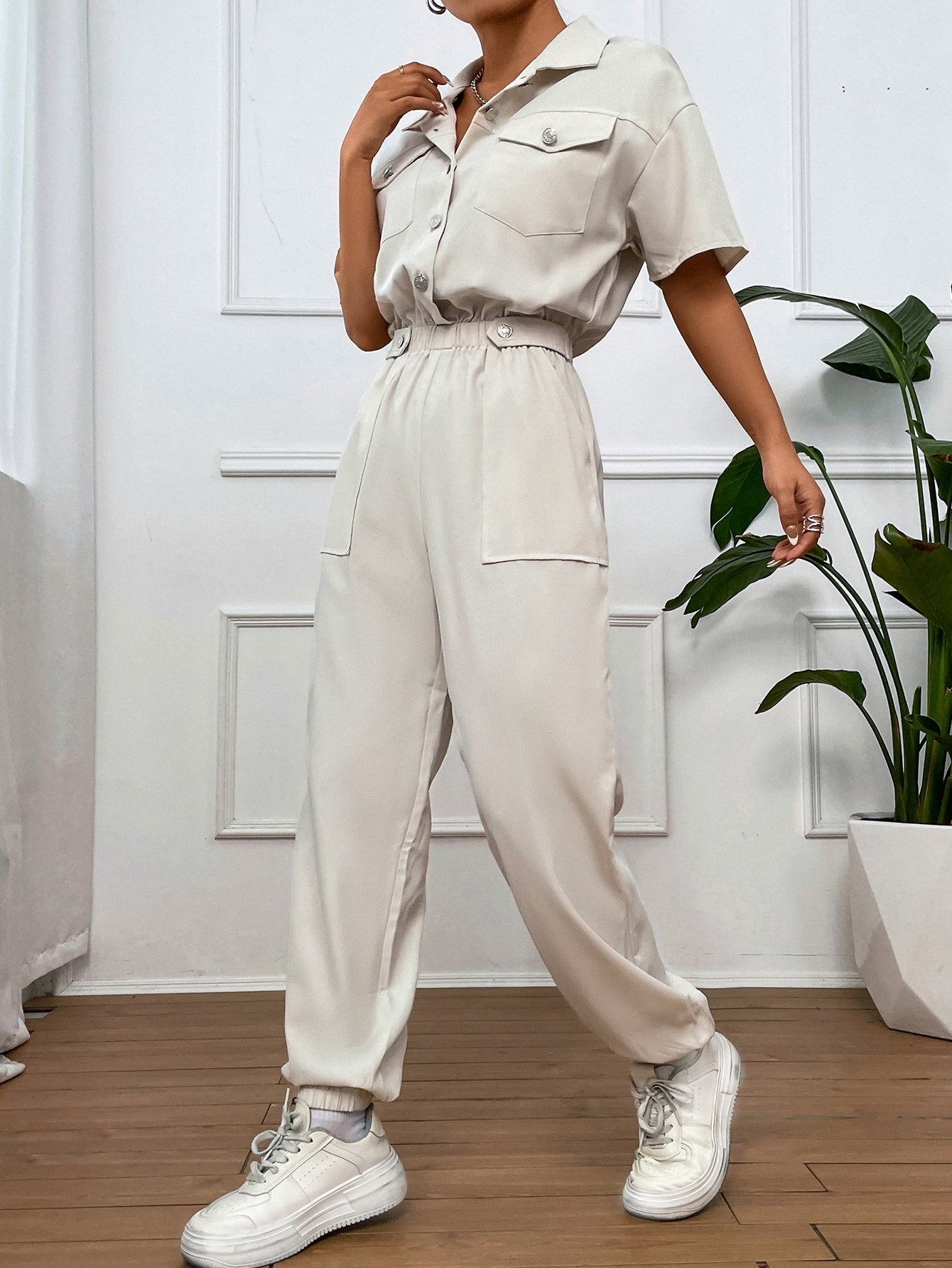 Shirt Jumpsuit with Flap Pocket, Drop Shoulder