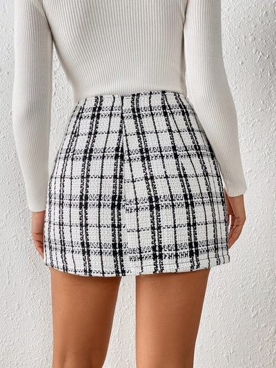 French Skirt with Plaid Pattern, Zipper in the Back, Tweed