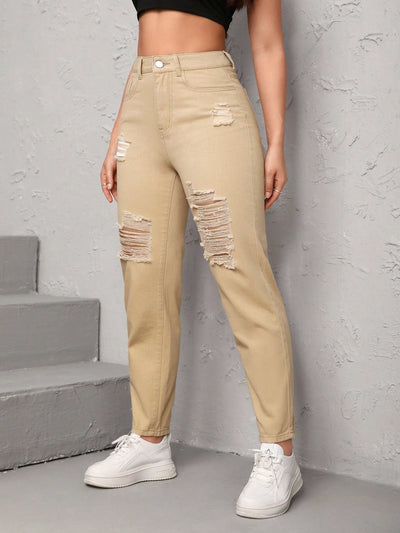 Mom Fit Jeans with Rips, High Waist