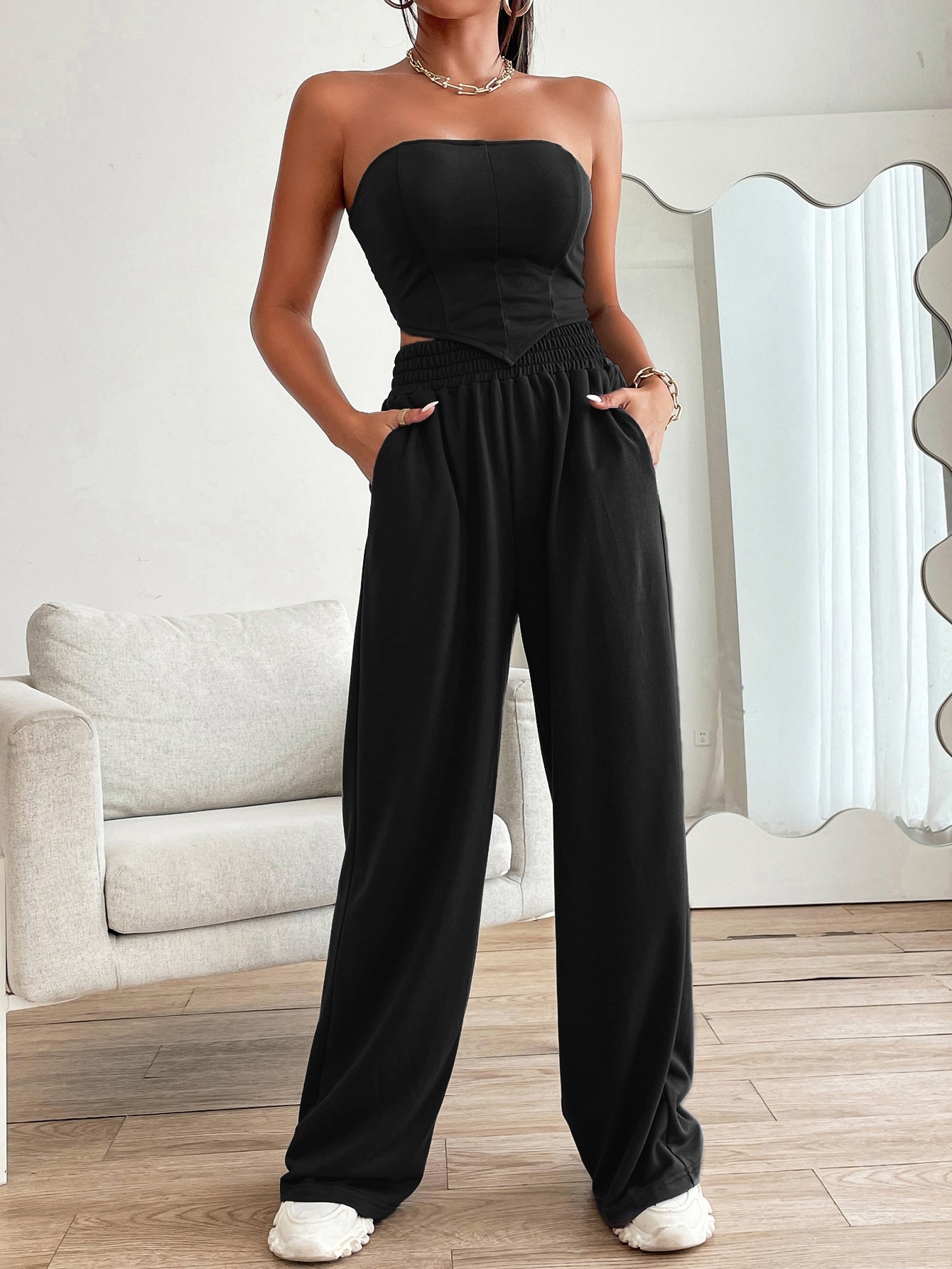 Cropped Tube Top with Ruffled Back, Bandana Hem & Pants