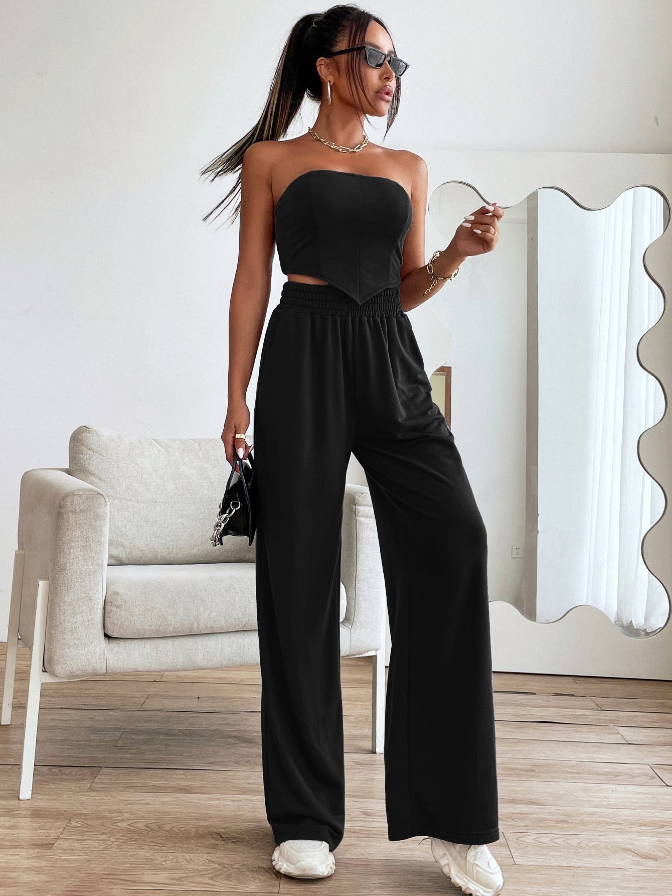 Cropped Tube Top with Ruffled Back, Bandana Hem & Pants