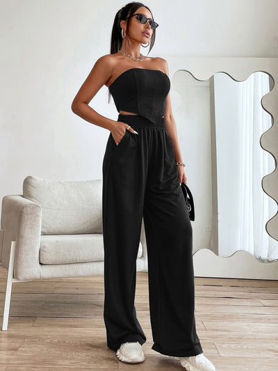 Cropped Tube Top with Ruffled Back, Bandana Hem & Pants