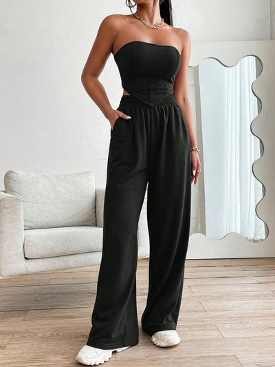 Cropped Tube Top with Ruffled Back, Bandana Hem & Pants