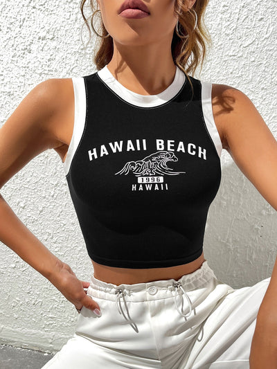 Crop Tank Top with Letter Graphic, Contrast Hem