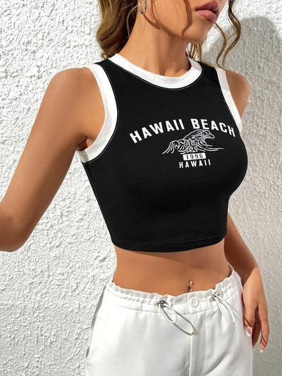 Crop Tank Top with Letter Graphic, Contrast Hem