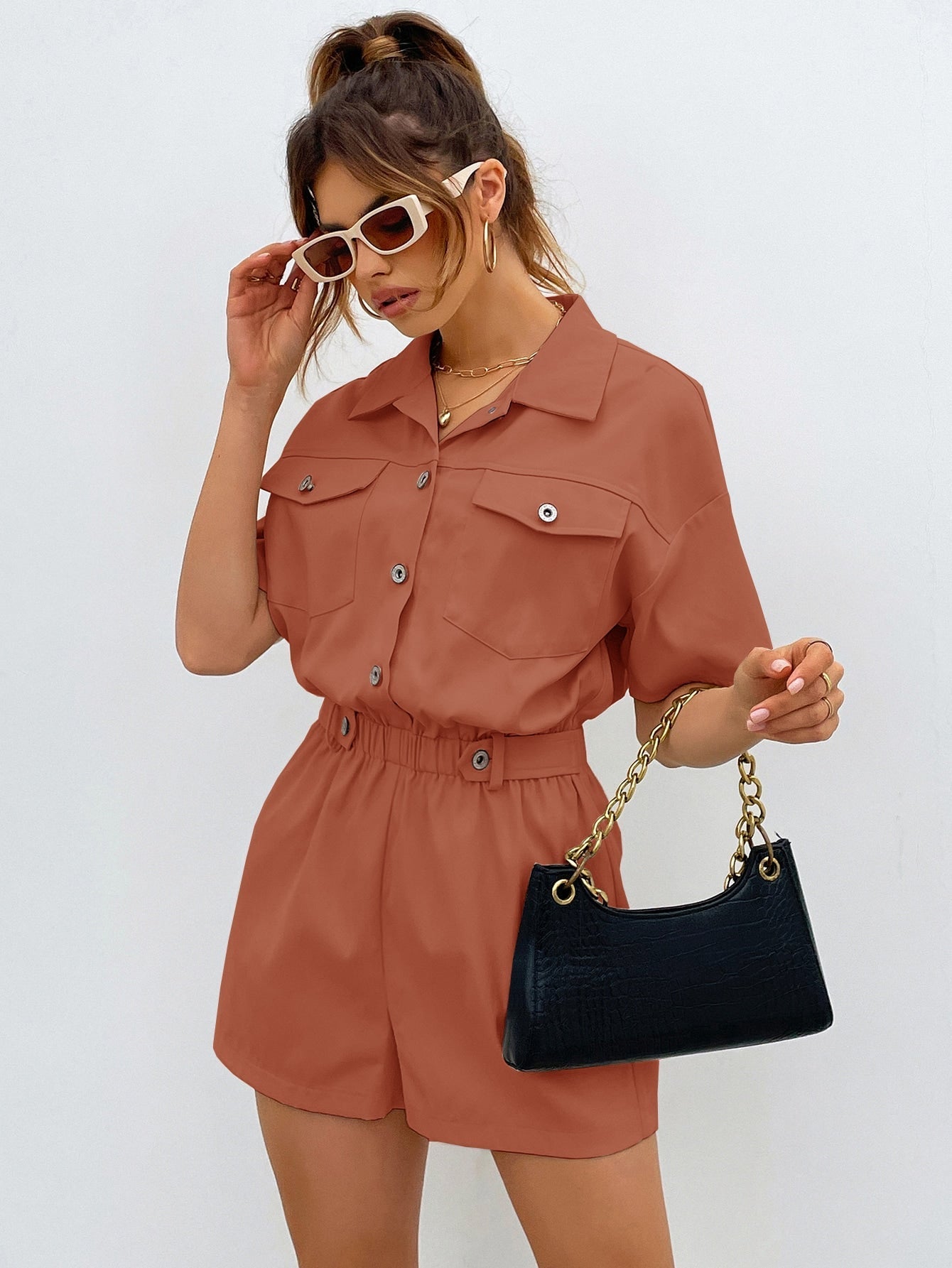 Shirt Romper with Front Button, Pocket Patches