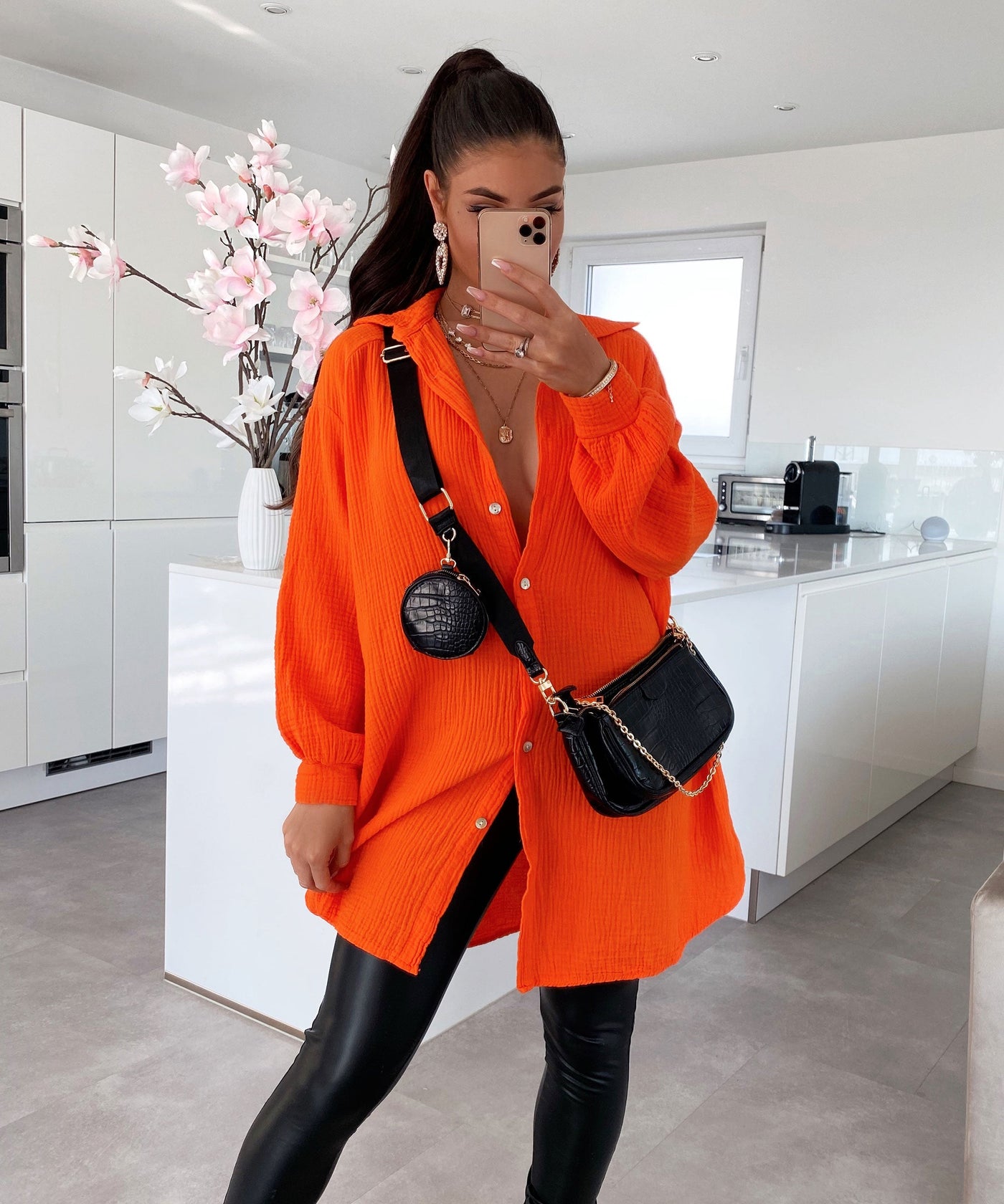 Oversize Musselin Bluse Freya Orange Lang