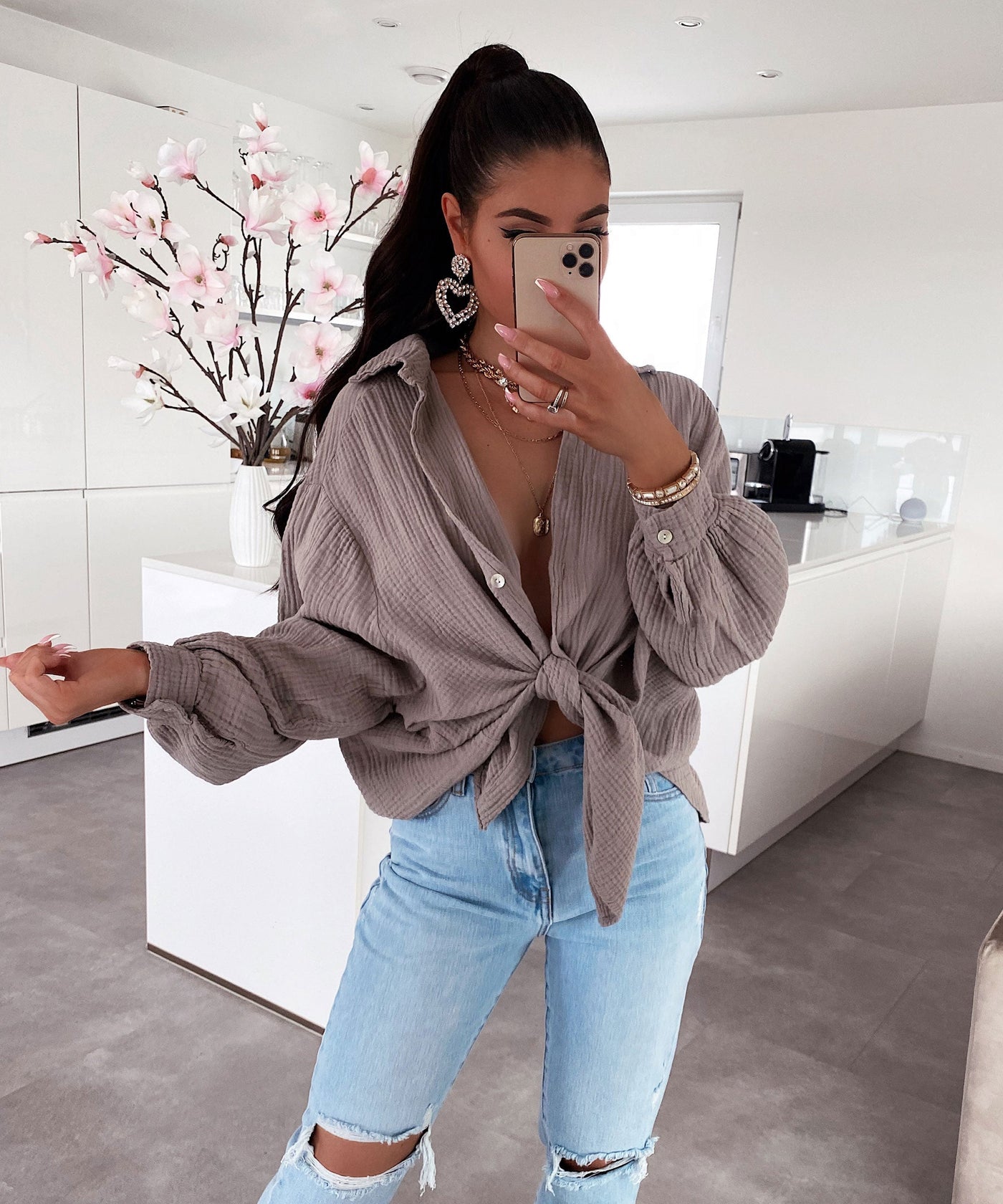 Oversized Muslin Blouse Freya Taupe Short