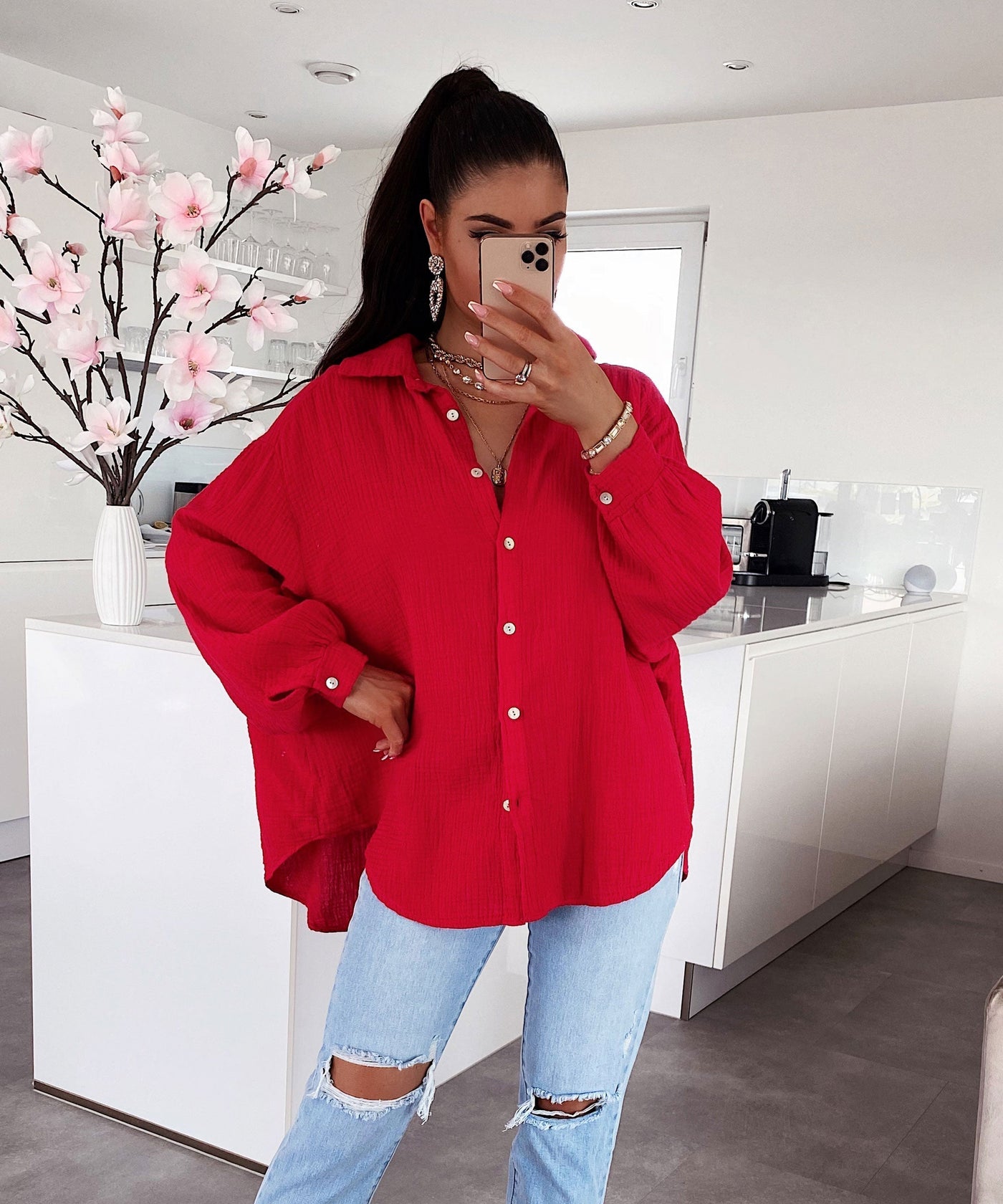 Oversize Musselin Bluse Freya Rot Kurz