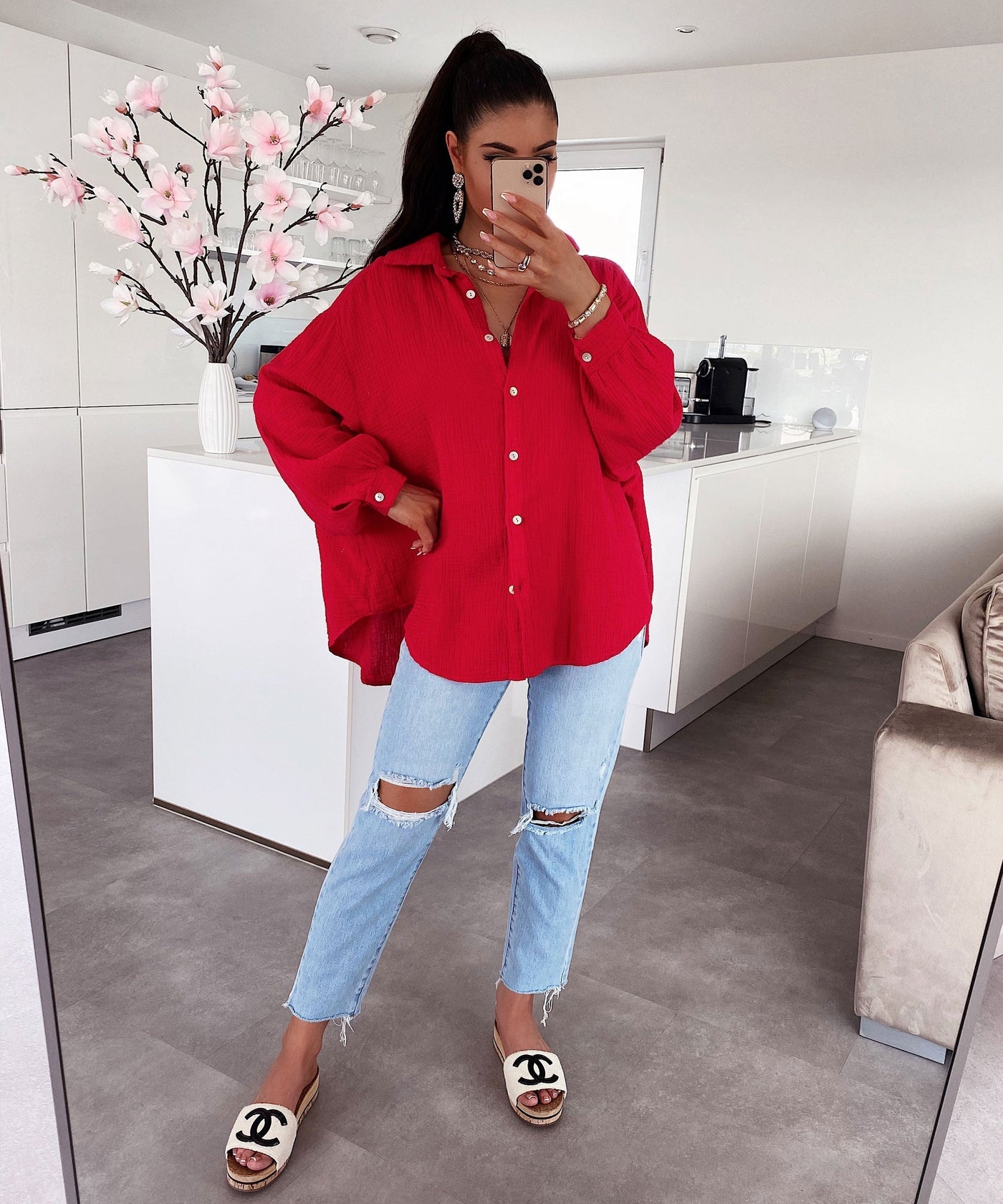 Oversize Musselin Bluse Freya Rot Kurz